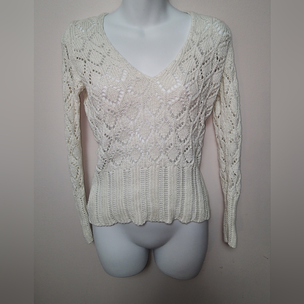 Ann Taylor Loft Cream Diamond Pattern Crop Sweater XS